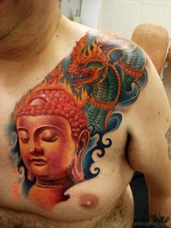 Red Ink Buddha Tattoo On Chest
