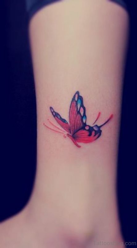Red Inked Tiny Butterfly Tattoo On Ankle For Girls