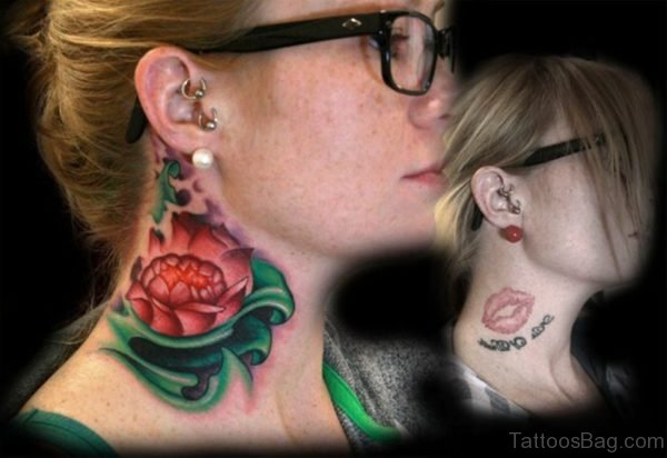 Red Lotus Flower Tattoo On Right Neck