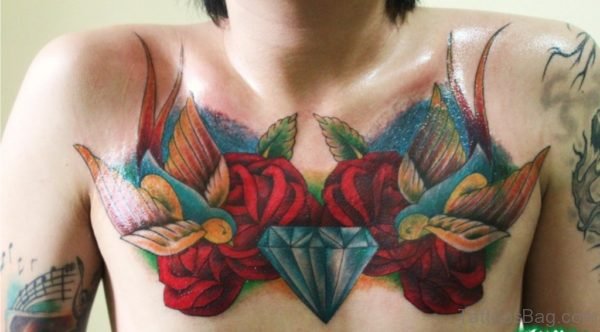 Red Rose And Birds Tattoo On Chest 