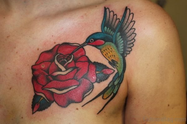 Red Rose And Colored Hummingbird Tattoo On Chest