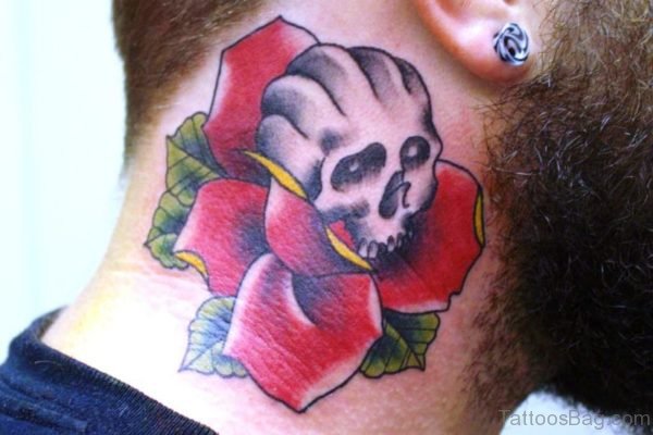 Red Rose And Skull Tattoo On Neck