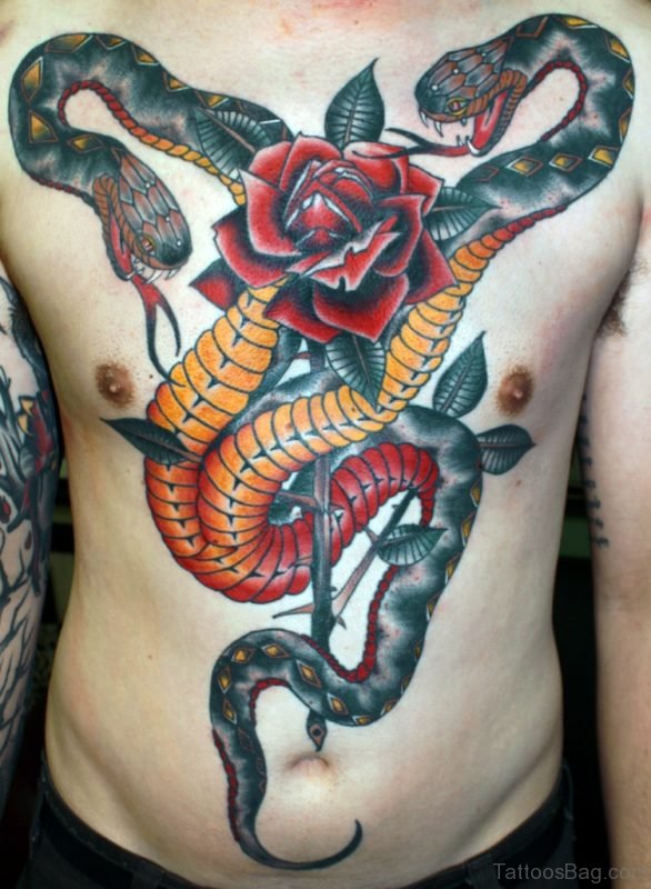 Red Rose And Snake Tattoo