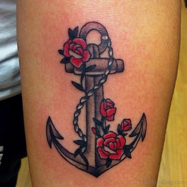 Red Rose Flower And Anchor Tattoo