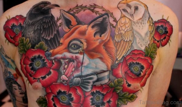 Red Rose Flowers and Fox Head Tattoo On chest