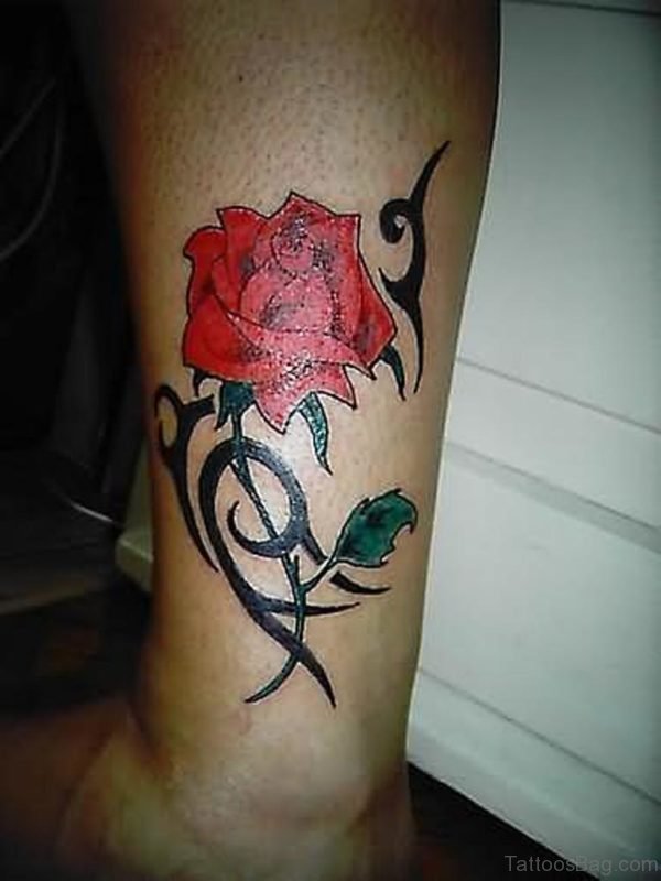 Red Rose Tattoo On Leg