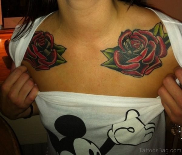 Red Roses Chest Tattoo For Girls