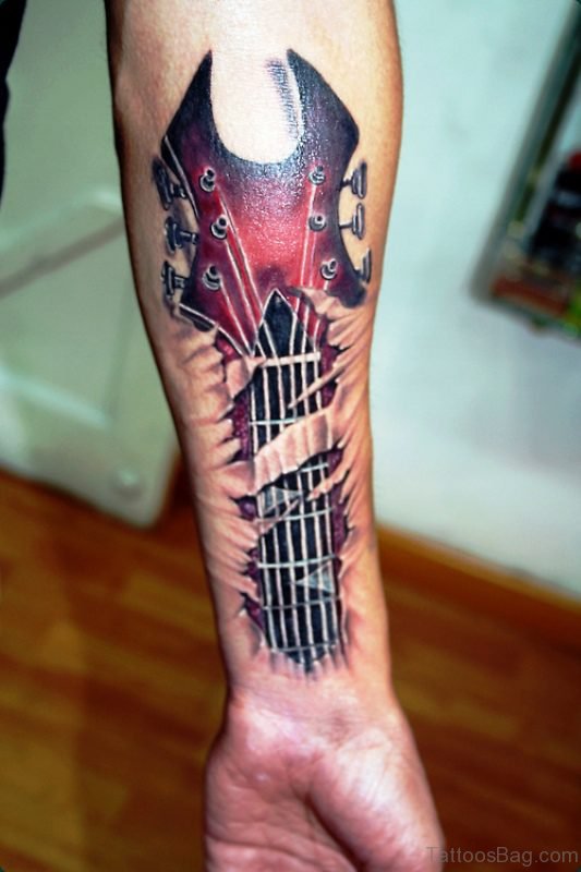 Red Skin Colorful Guitar Tattoo On Forearm