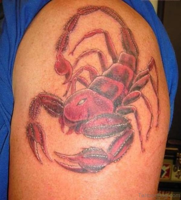 Red ink Scorpion Tattoo On Shoulder