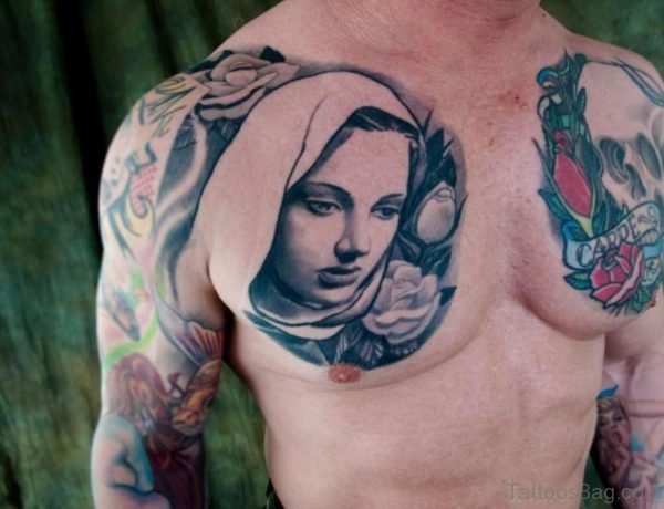 Religious Portrait Tattoo On Chest