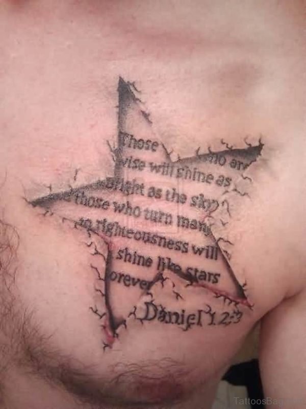 Religious Script Star Tattoo On Chest