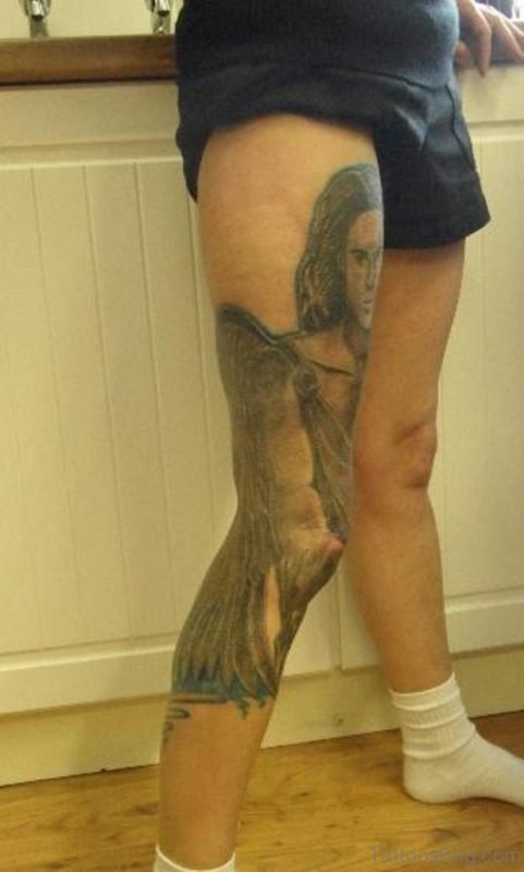 Right Leg Angel Tattoo For Girls