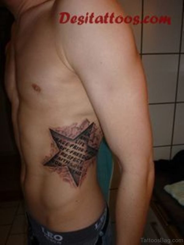 Ripped Skin Star Tattoo On Man Side Rib