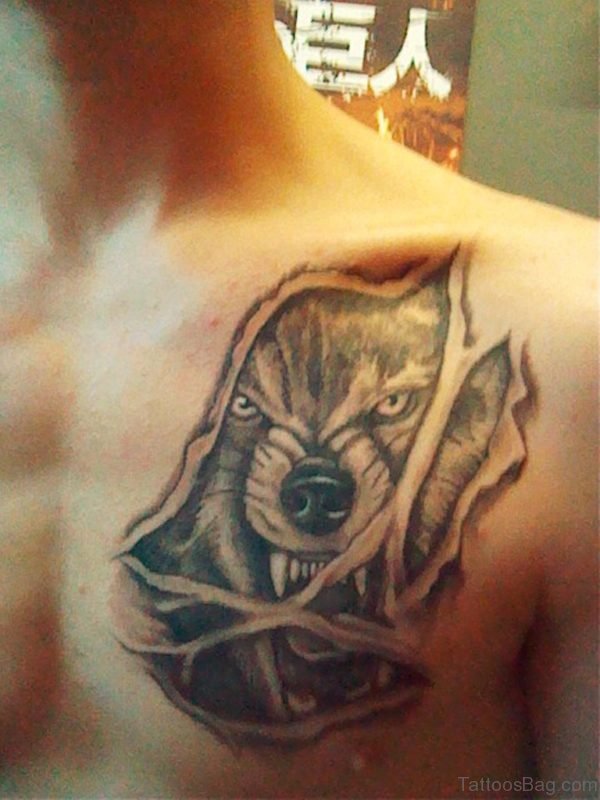 Ripped Skin Wolf Tattoo On Chest