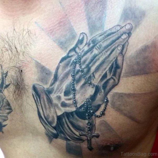 Rosary And Praying Hands Tattoo For Chest