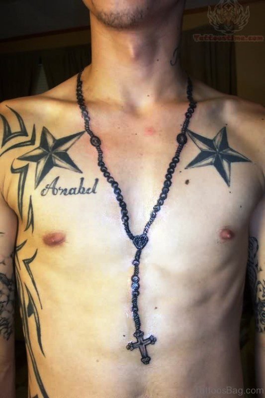 Rosary Tattoo With Stars On Neck