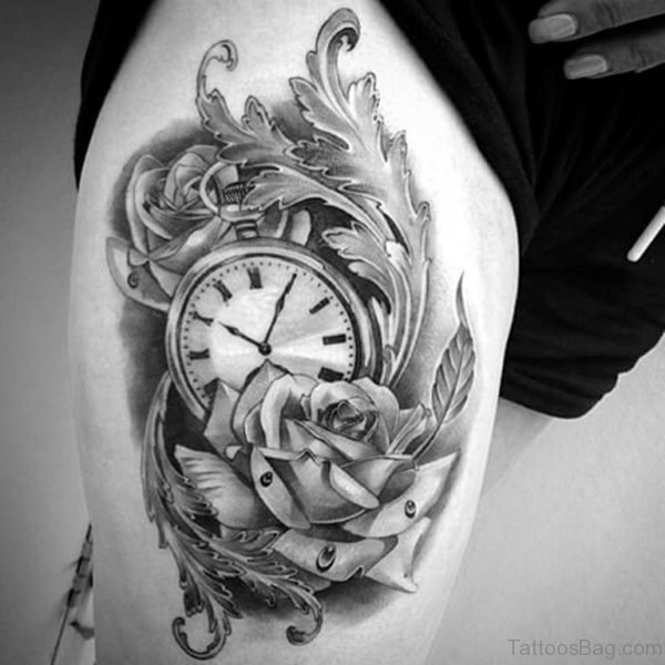 Rose And Clock Tattoo On Thigh