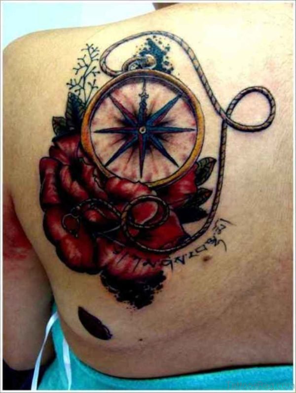 Rose And Compass Tattoo On Back Shoulder