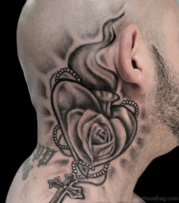Rose And Cross Tattoo On Neck