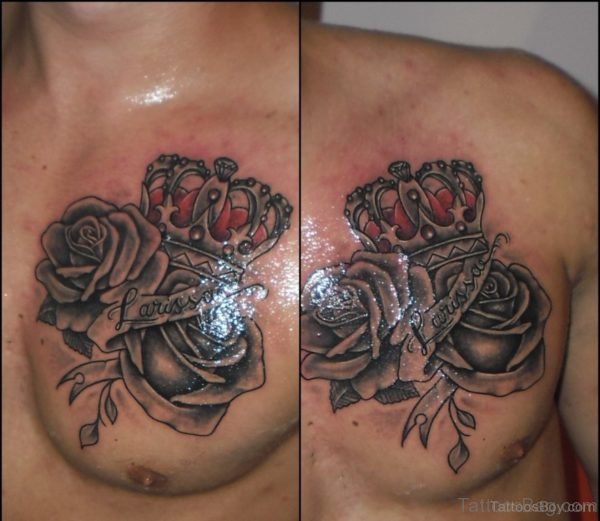 Rose And Crown Tattoo On Chest