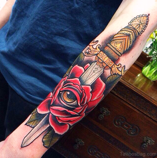 Rose And Dagger Tattoo On Arm