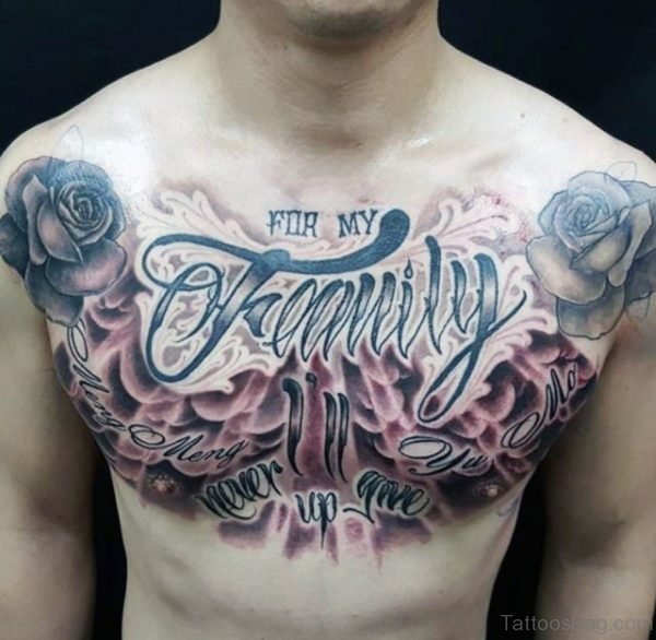 Rose And Family Tattoo On Chest 