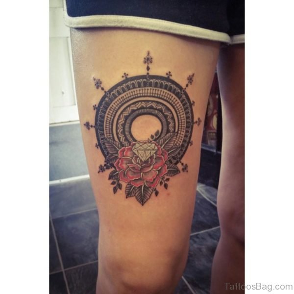 Rose And Mandala Tattoo On Thigh