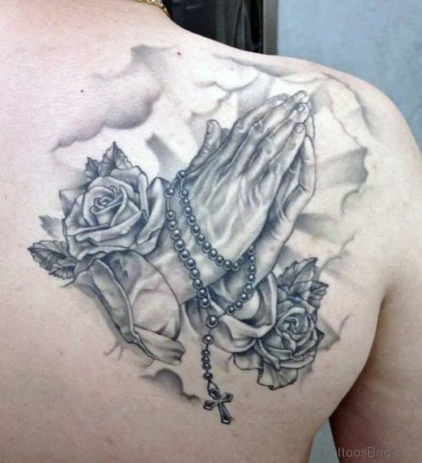 Rose And Praying Hands Tattoo On Back Shoulder