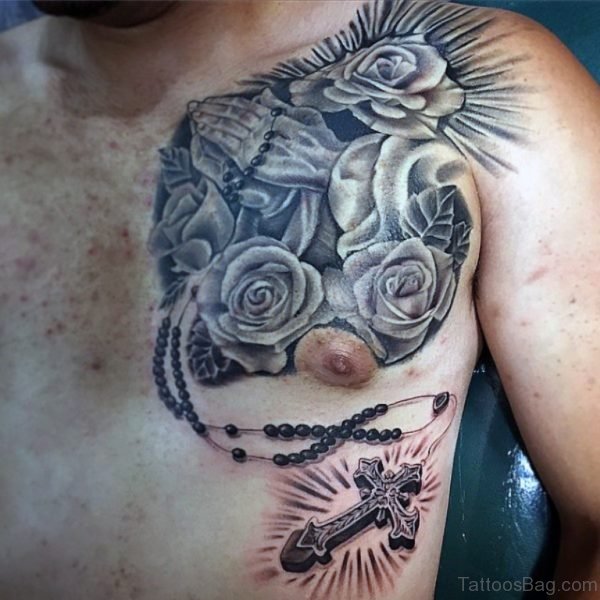 Rose And Praying Hands Tattoo On Chest