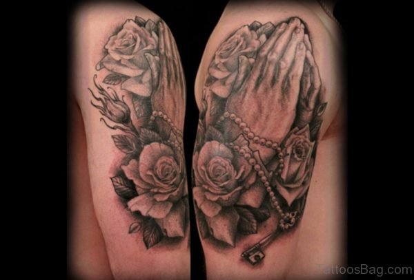 Rose And Praying Hands Tattoo On Shoulder