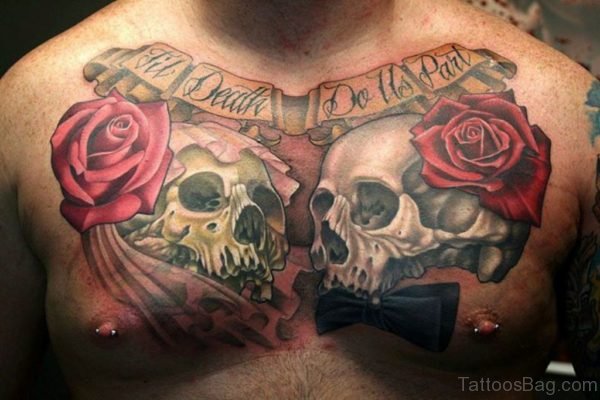 Rose And Skull Tattoo On Chest