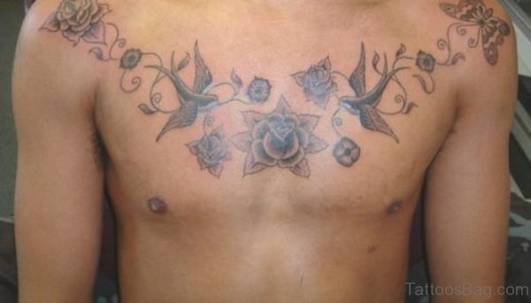 Rose And Swallow Tattoos On Chest