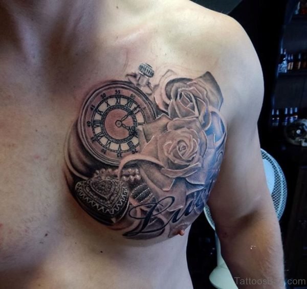 Rose Flower And Clock Tattoo On Chest