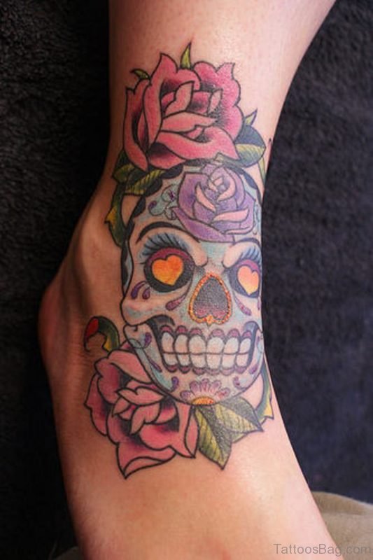 Rose Flowers And Skull Tattoo