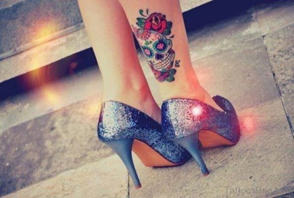 Rose Skull Face Ankle Tattoo Design