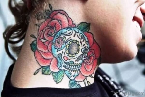 Roses And Skull Tattoo On Neck