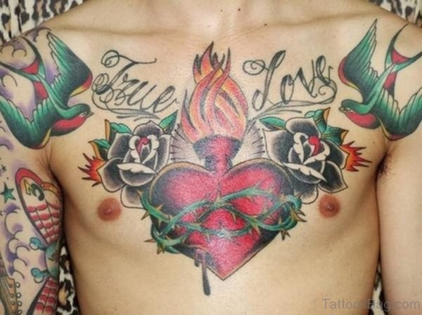 Sacred Heart And Black Rose Tattoo On Chest
