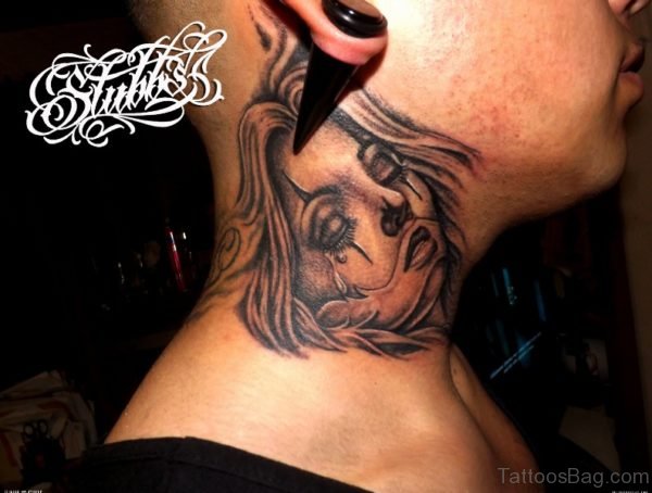 Sad Lady Gangster Tattoo On Neck