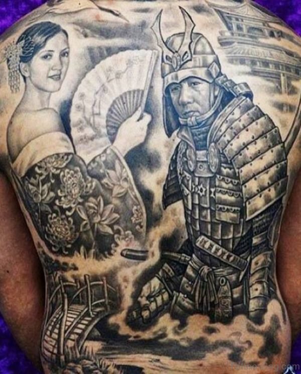 Samurai And Geisha Back Tattoo