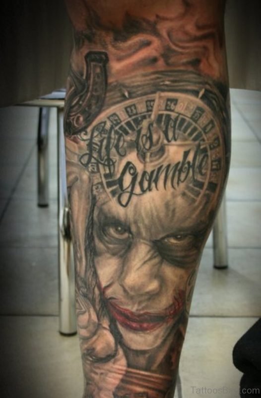 Scary Joker Face Tattoo On Leg