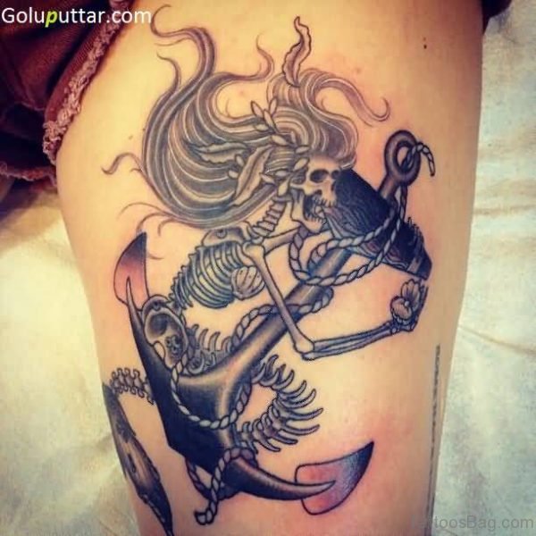 Scary Mermaid And Anchor Tattoo On Thigh