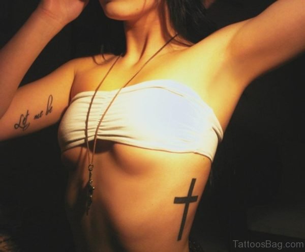 Sexy Black Ink Cross Tattoo On Side Rib