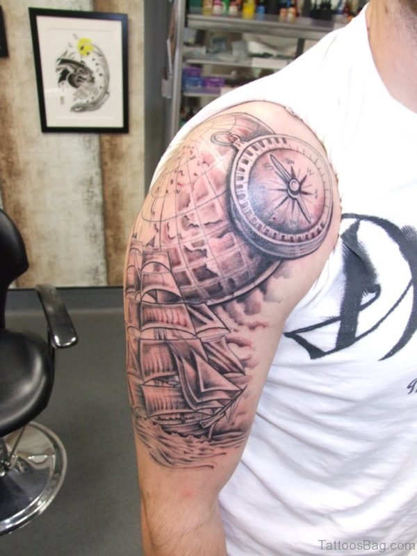 Ship And Compass Shoulder Tattoo