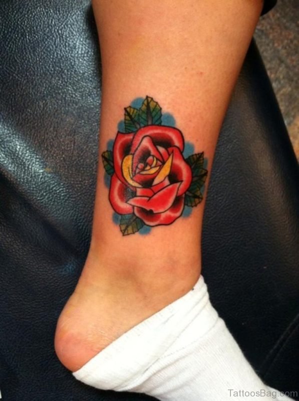 Simple Red Rose Tattoo On Leg