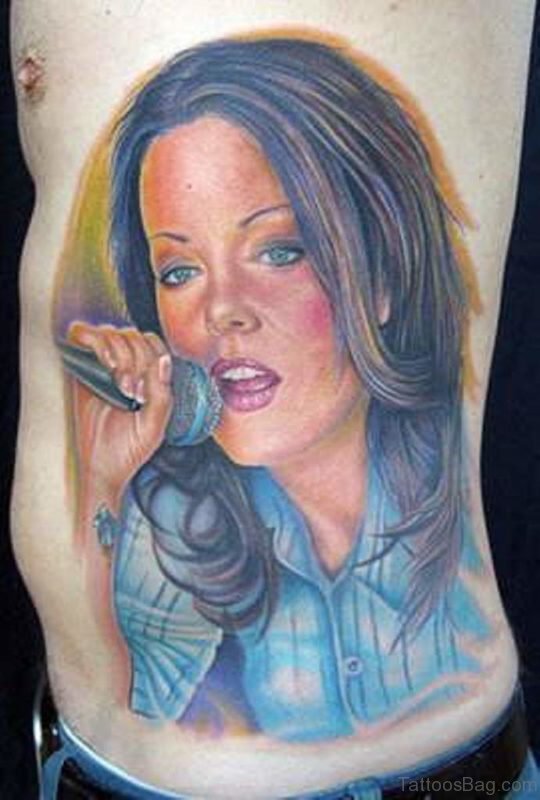 Singer Girl Portrait Tattoo On Rib Side