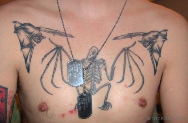 Skeleton With Flying Bats Tattoo On Chest