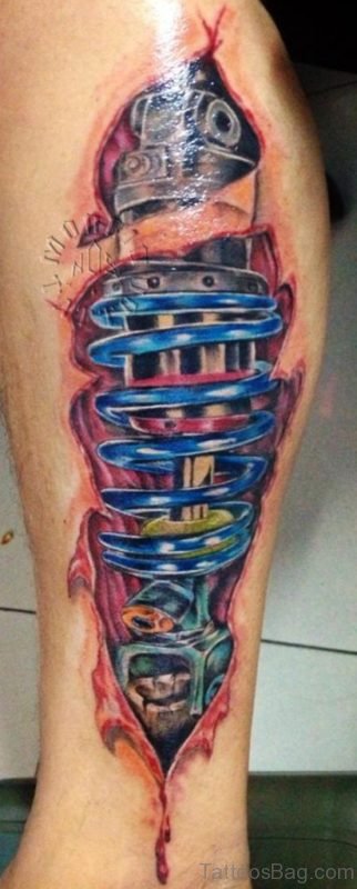 Skin Rip Biomechanical Shocker Tattoo On Leg
