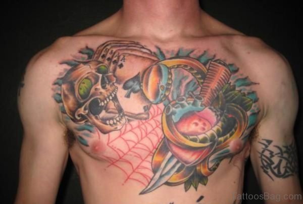 Skull And Dagger Heart Tattoo On Chest for Men