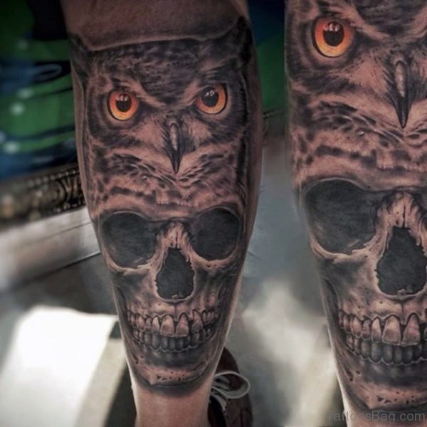 Skull And Owl Tattoo On Leg