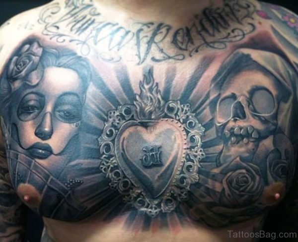 Skull And Portrait Tattoo On Chest